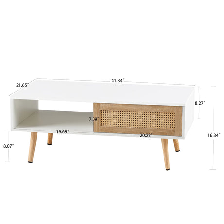 Modern Rattan Coffee Table with Sliding Door Storage and Wood Legs