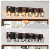 6-Light Wood Bathroom Light Fixtures Over Mirror, Black Industrial Vanity Lights with Metal Shade, Rustic Bathroom Lighting