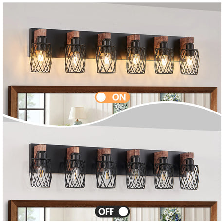 6-Light Wood Bathroom Light Fixtures Over Mirror, Black Industrial Vanity Lights with Metal Shade, Rustic Bathroom Lighting