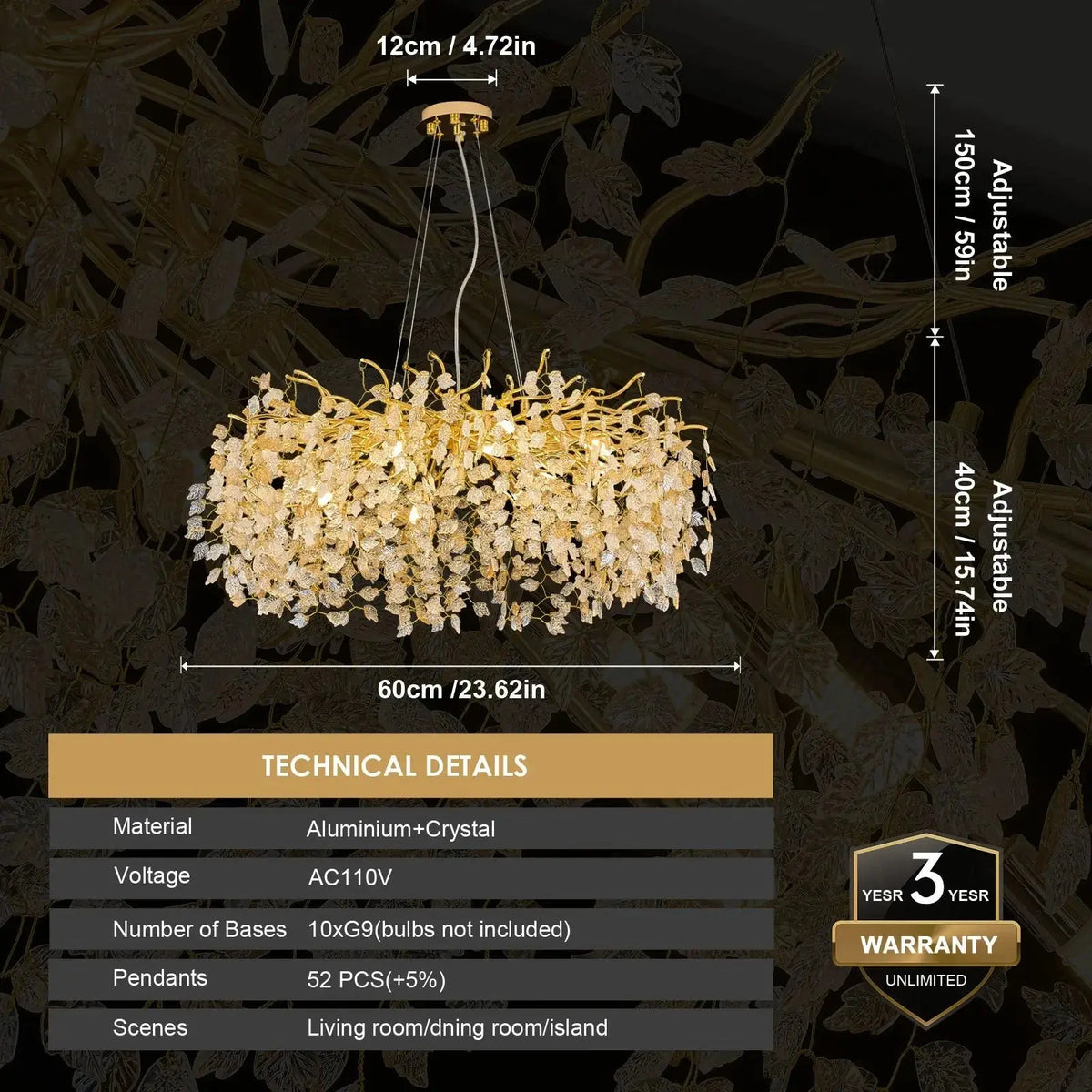 Gold Round Crystal Chandeliers for Dining Room  Modern Crystal Tree Branch Chandelier for Bedroom Living Room Kitchen Island Julia M LifeStyles