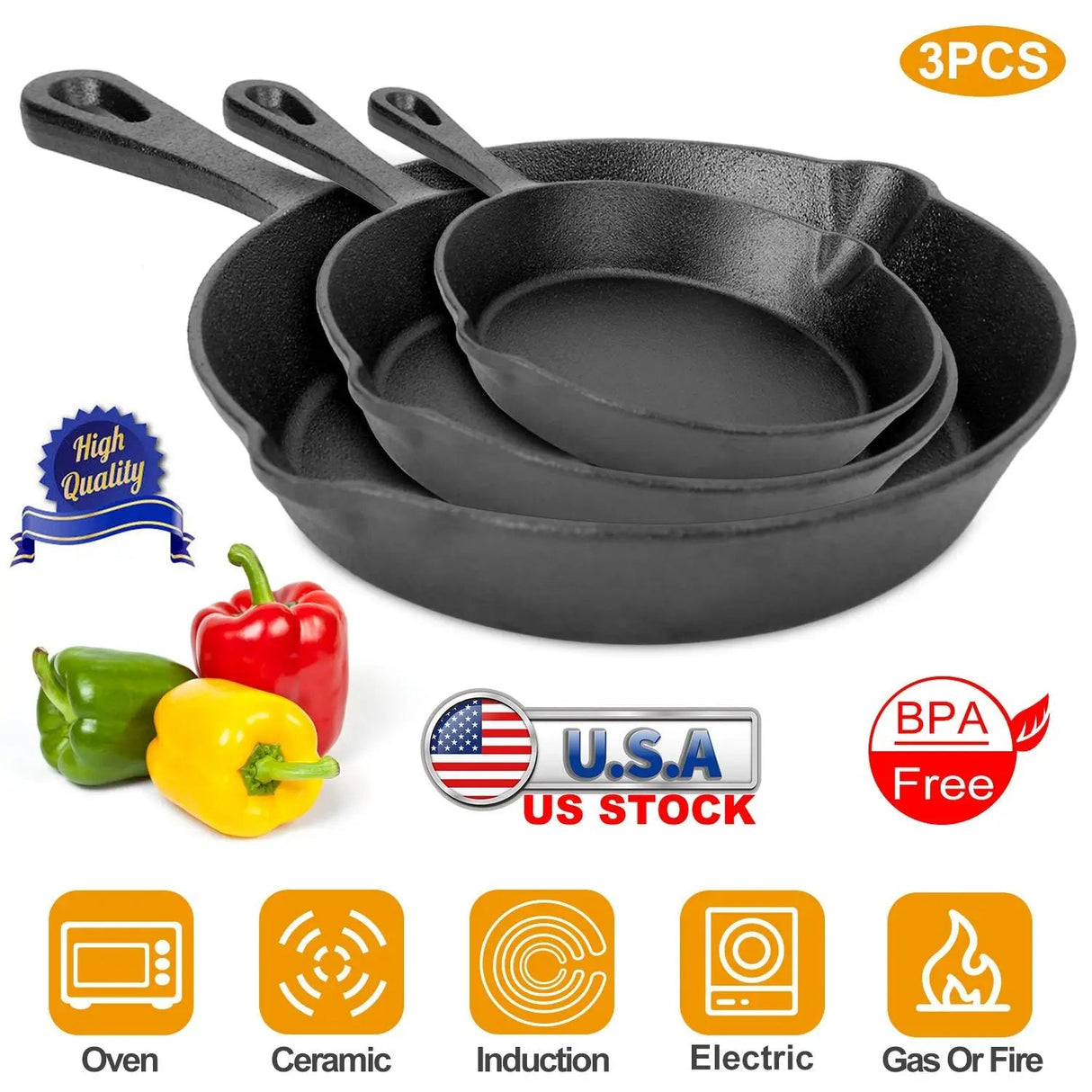 DB 3-Piece Pre-Seasoned Cast Iron Cookware Set 6/8/10-Inch Non-Stick Oven Safe Skillets Heat-Resistant Frying Pan Julia M LifeStyles