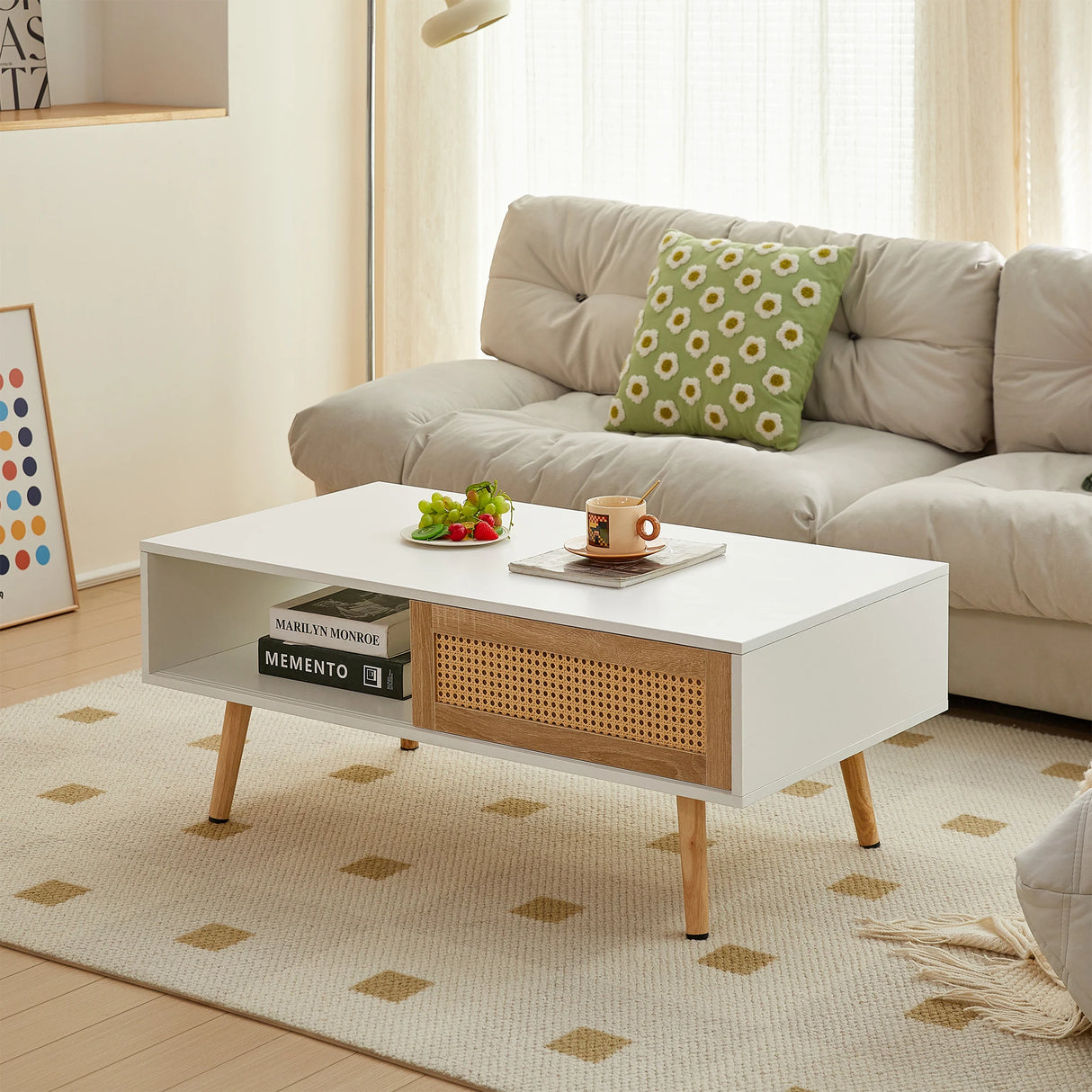 Modern Rattan Coffee Table with Sliding Door Storage and Wood Legs