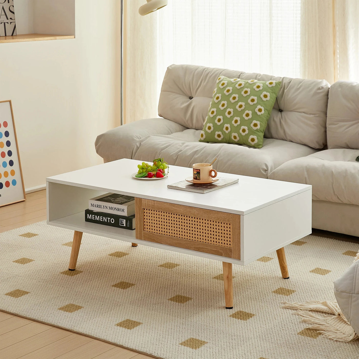 Modern Rattan Coffee Table with Sliding Door Storage and Wood Legs Julia M LifeStyles