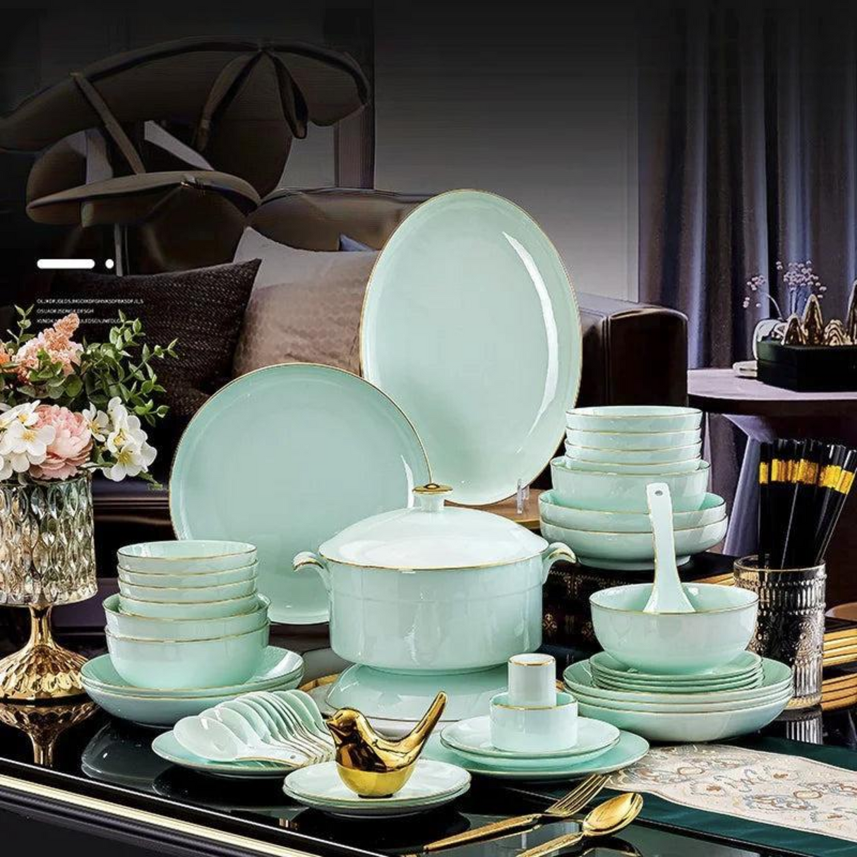 Nordic Gold Rim Best Ceramic Dishes Plates Bowl Kitchen Porcelain Ceramic Tableware Sets Bone China Plates for Dinner