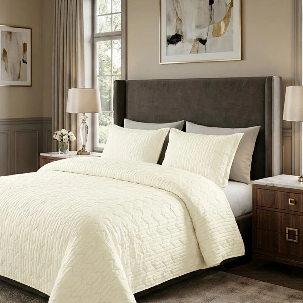 Rocio-Beige Quilted Polyester Bedspread Set, 3-Piece
