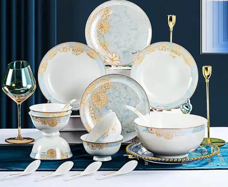 Bone China Dinnerware Set Luxury European Vintage Blue Elegant Wedding Party Dinnerware Set