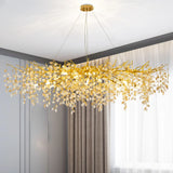 Large Gold Brass Crystal Chandelier with Raindrop Leaf Design