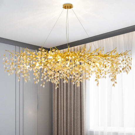 Large Gold Brass Crystal Chandelier with Raindrop Leaf Design