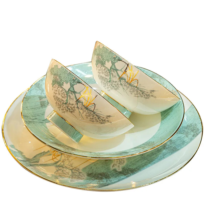 Botanical 72-Piece Ceramic Dinnerware Set with Gold Edges