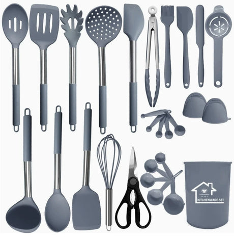 Set of gray kitchen utensils including spatulas, ladles, and measuring cups on a white background.