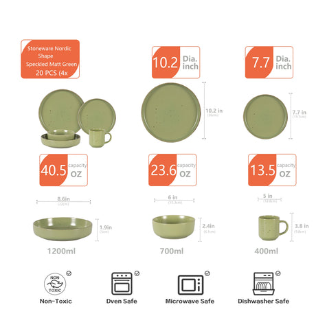 USA Market Hot Selling Nordic Style Round Stoneware 20pc Dinnerware Sets Speckled Matt Green Ceramic Plate and Bowl Set
