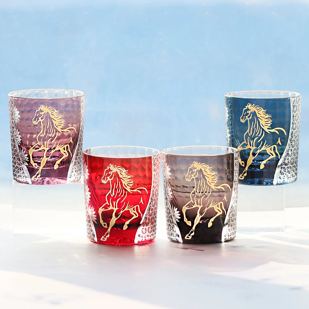 Hand Cut Festive  Edo Kiriko Glass Tumbler by Own Factory, Exquisite Red Cup with Golden Horse Pattern for Celebration