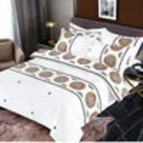 Bedding set with circular patterns on a bed in a bedroom setting