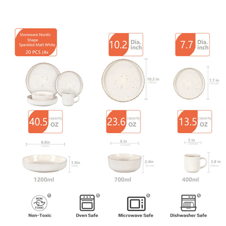 Nordic Style Round Stoneware 20pc Dinnerware Sets Speckled Matt White Plate and Bowl Set