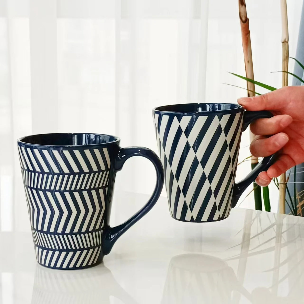 500ml Classic Large Capacity White Line Ceramic Cup Dark Blue Mug