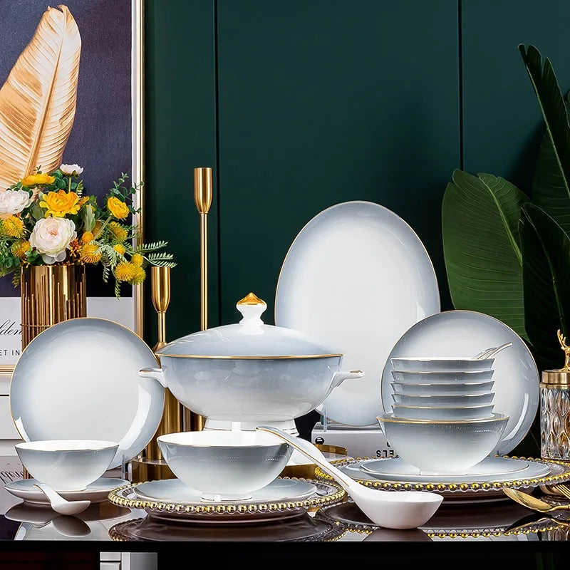 Elegant Gradient Grey Bone China Tableware Set - 60 Pieces