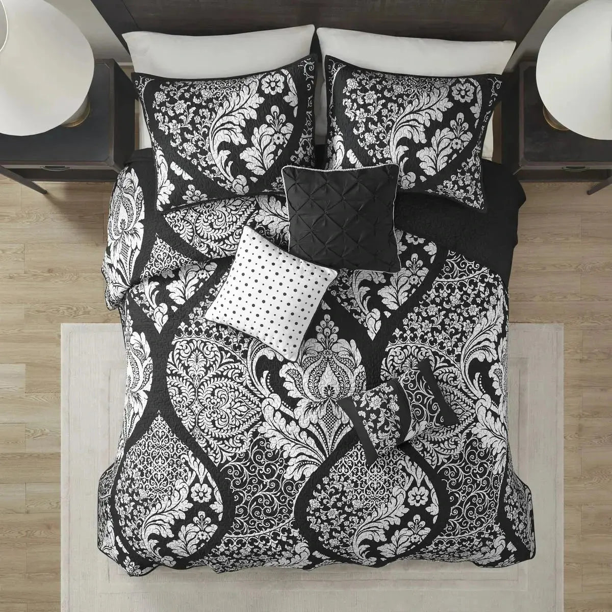 6-Piece Printed Cotton Quilt Set Throw Pillows Black Full/Queen Geometric Floral Soft Bedding for Winter for Wedding Hotel Julia M LifeStyles