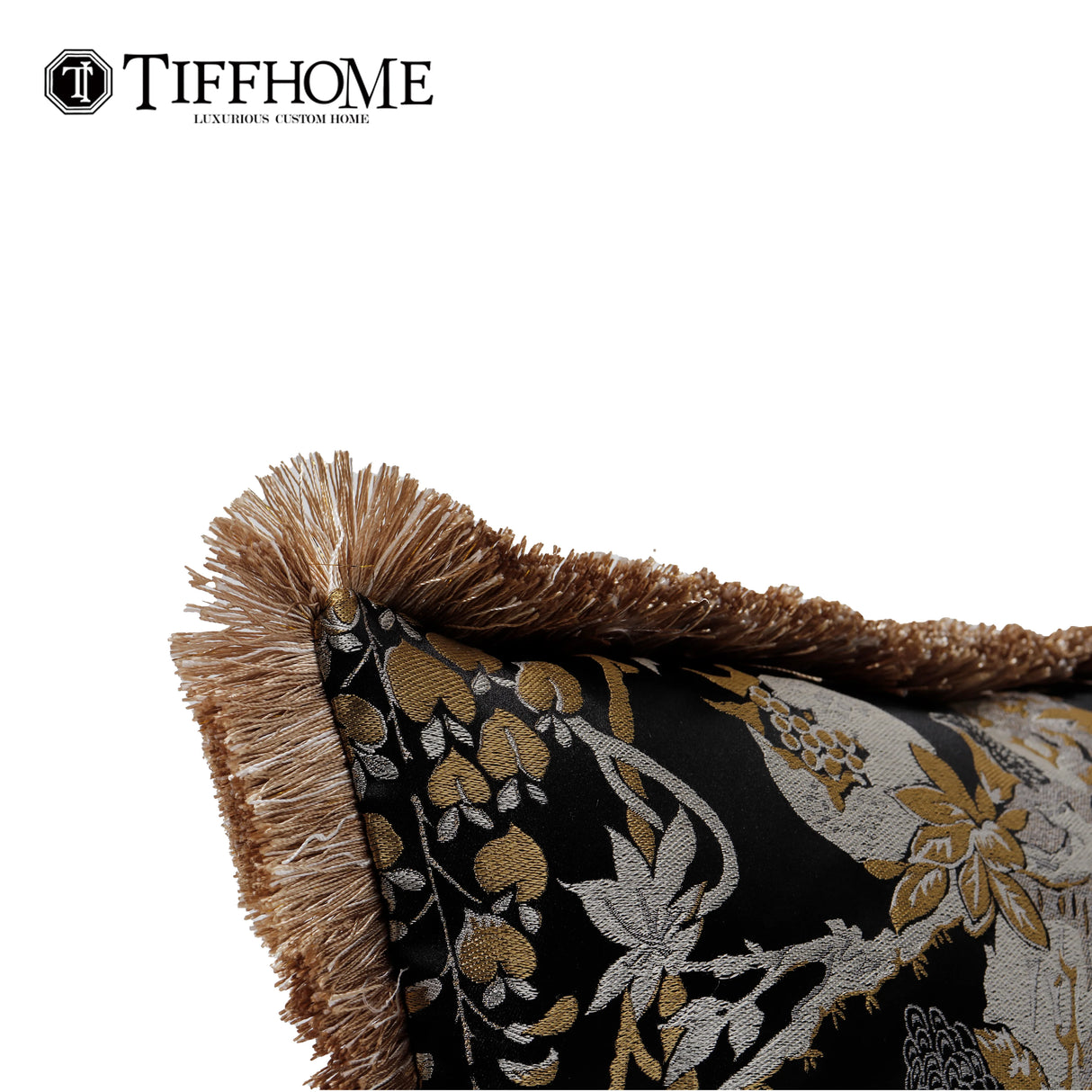 TIFFHOME Modern Organic Decorative Bed Sofa Pillows Cushions Black Gold Waist Pillow Cases with Flower Bird Tassels Home Decor