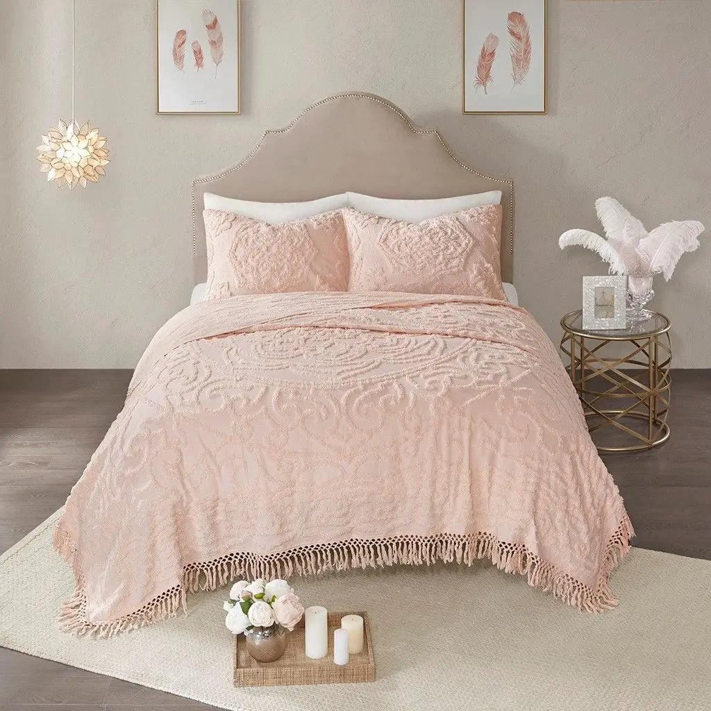 Tufted Cotton Chenille Medallion Fringe Coverlet Mini Set Bedspreads & Coverlets