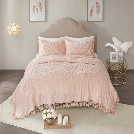 Tufted Cotton Chenille Medallion Fringe Coverlet Mini Set Bedspreads & Coverlets