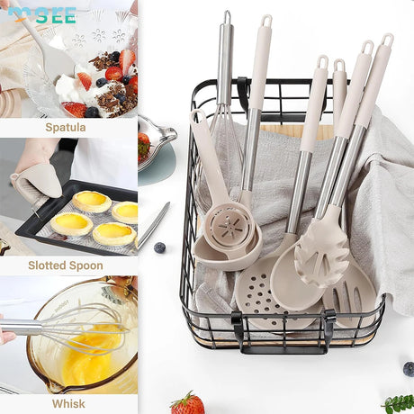 Set of kitchen utensils including spatula, slotted spoon, and whisk with a basket organizer.