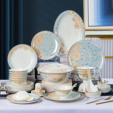 Bone China Dinnerware Set Luxury European Vintage Blue Elegant Wedding Party Dinnerware Set