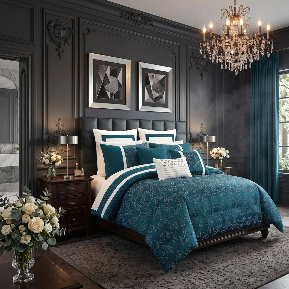 Barcelona Blue Botanical 8-Piece Comforter Set, King