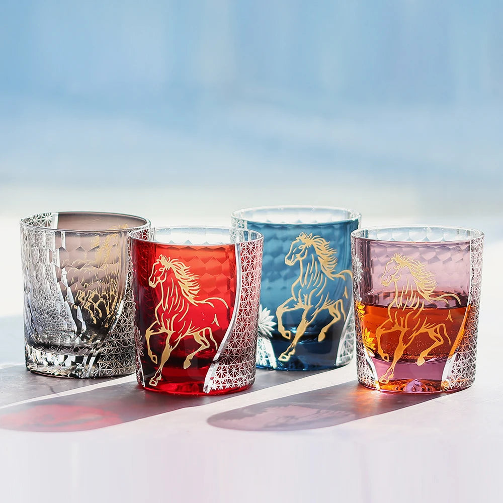 Hand Cut Festive  Edo Kiriko Glass Tumbler by Own Factory, Exquisite Red Cup with Golden Horse Pattern for Celebration