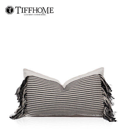 New Design Wholesale 50*30cm Woven Striped Cushion Cover Eco-friendly Cotton-ramie Gift Waist Pillow With Tassels