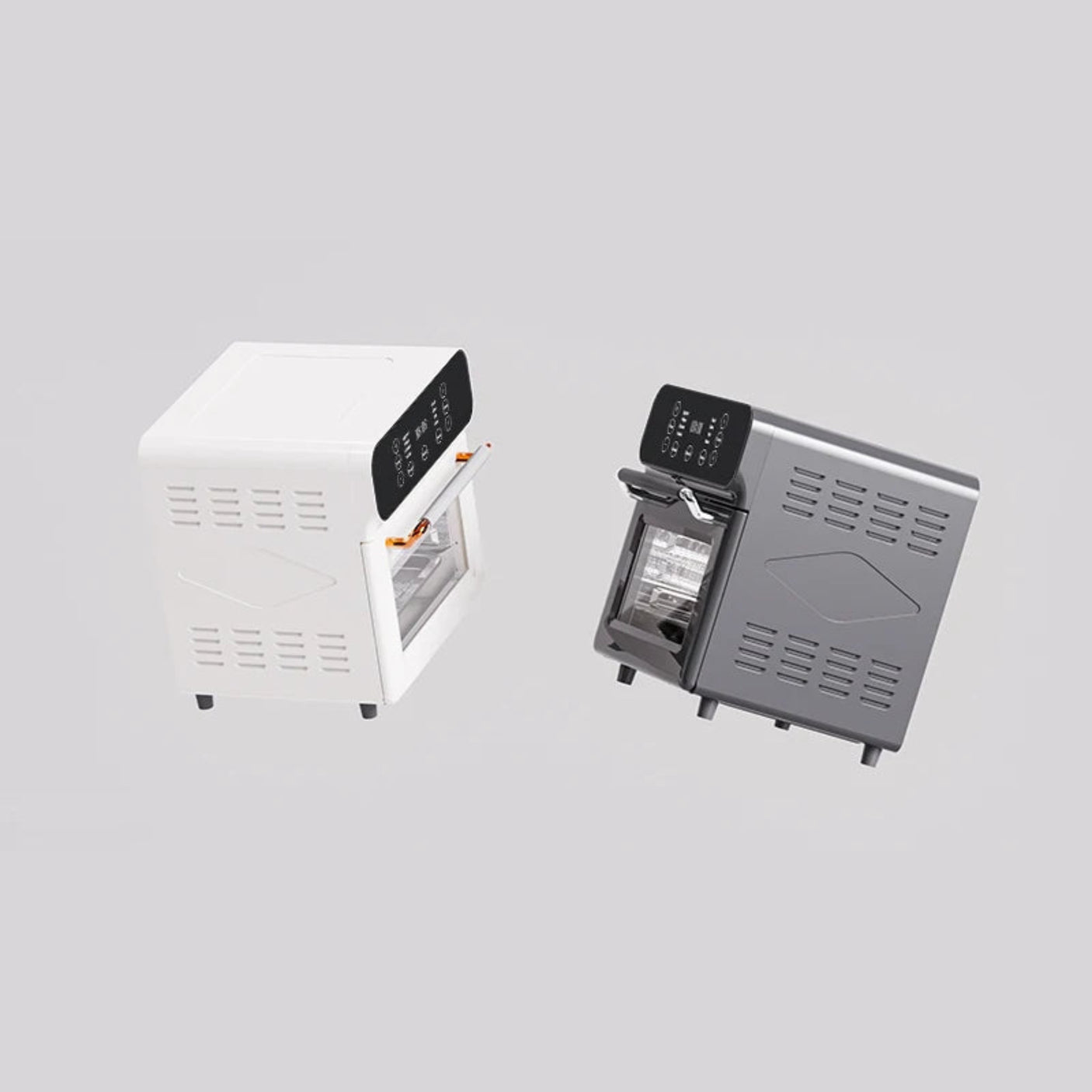 Two industrial ovens on a gray background
