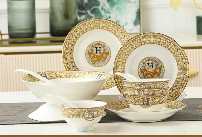 60 Pcs Golden Mosaic Eco-Friendly Porcelain Tableware Set