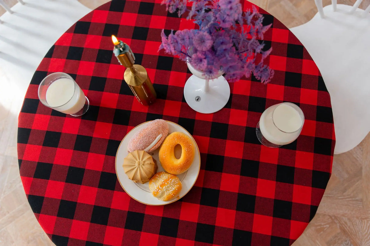 Round Red Black Checkered Lace Tablecloth for Weddings and Events