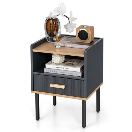 Modern Solid Pine Wood Nightstand Bedside End Table with Drawer and Open Shelf for Bedroom & Living Room for Apartment Use