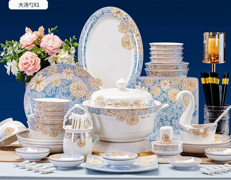 Bone China Dinnerware Set Luxury European Vintage Blue Elegant Wedding Party Dinnerware Set