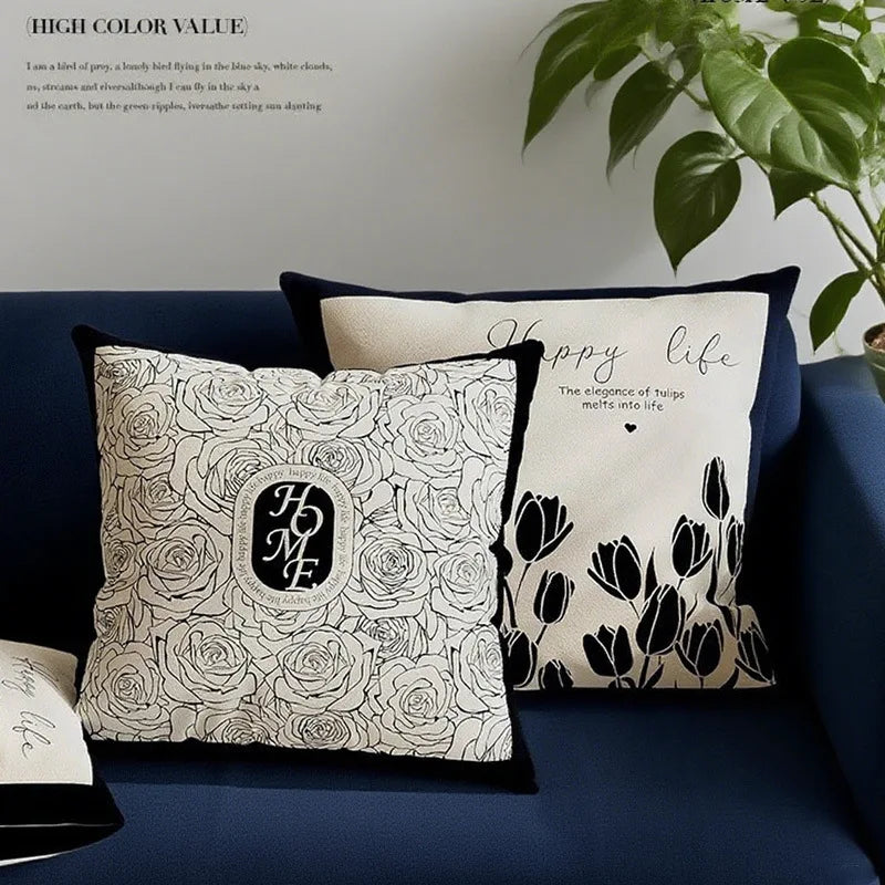 Nordic Style High-End French Retro Pillow Black and White Abstract Art Decorative Cushion for Sofa Bedroom