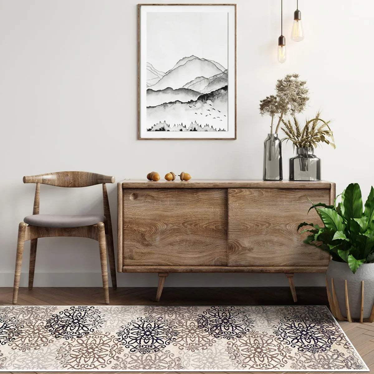 11' Tan Gray and Black Floral Medallion Runner Rug Stain Resistant Product