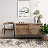 11' Tan Gray and Black Floral Medallion Runner Rug Stain Resistant Product