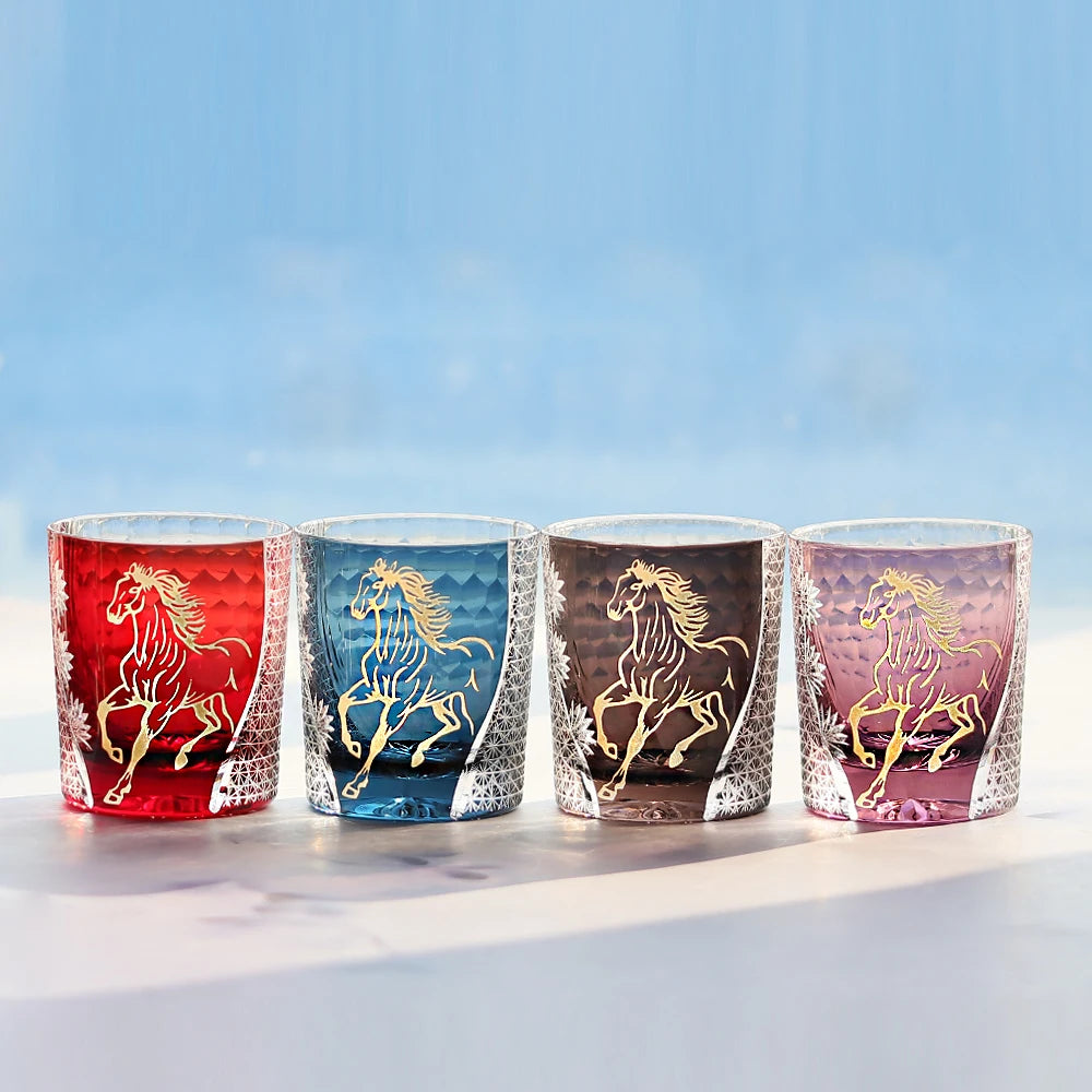 Hand Cut Festive  Edo Kiriko Glass Tumbler by Own Factory, Exquisite Red Cup with Golden Horse Pattern for Celebration