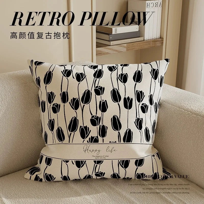 Nordic Style High-End French Retro Pillow Black and White Abstract Art Decorative Cushion for Sofa Bedroom