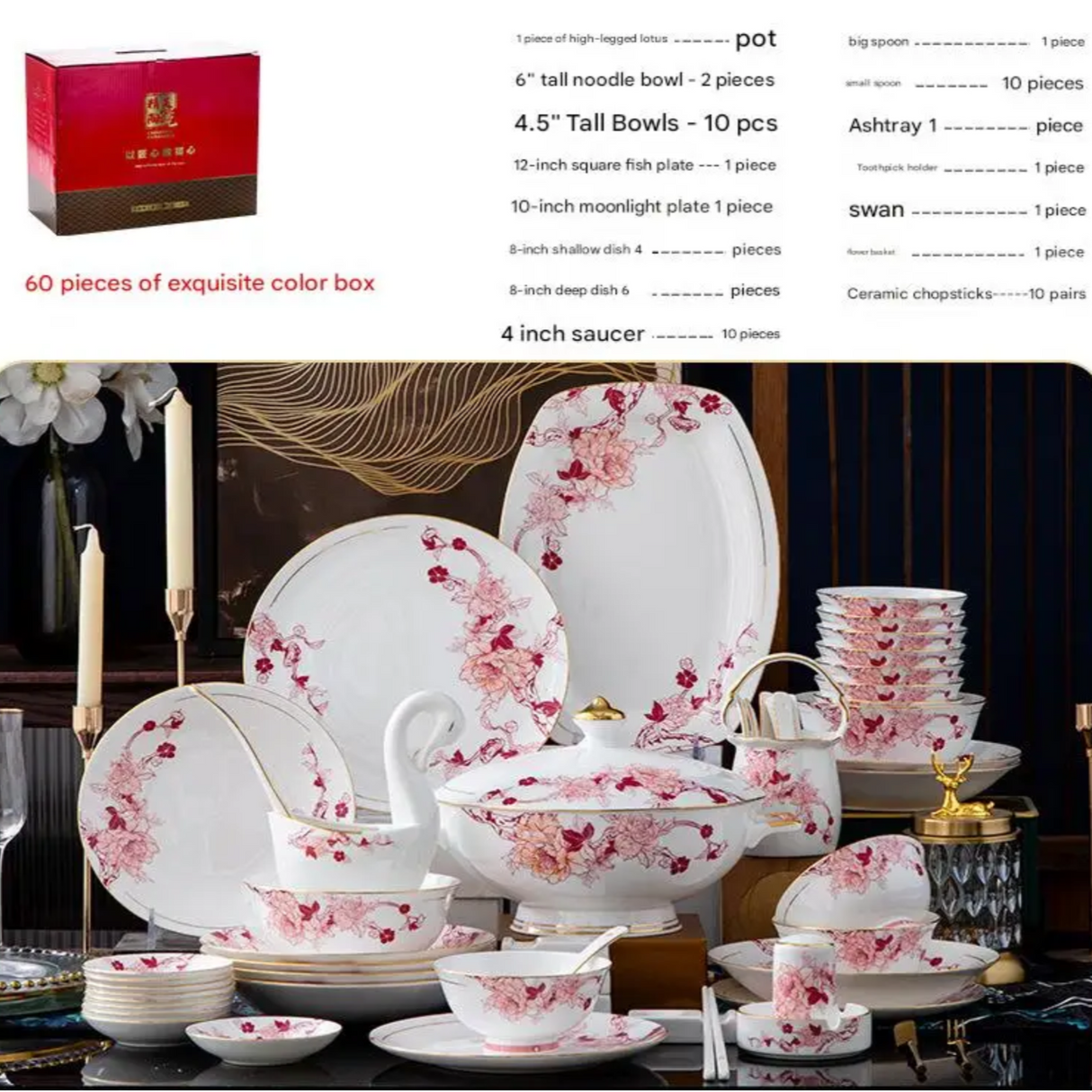 Ceramic dinnerware set with floral designs on a dark background