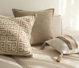 Decorative pillows on a sofa with 'BACKTO HOME' branding.