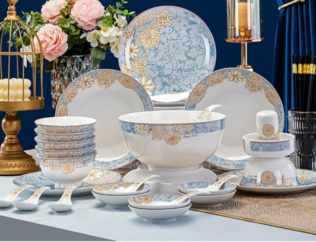 Bone China Dinnerware Set Luxury European Vintage Blue Elegant Wedding Party Dinnerware Set