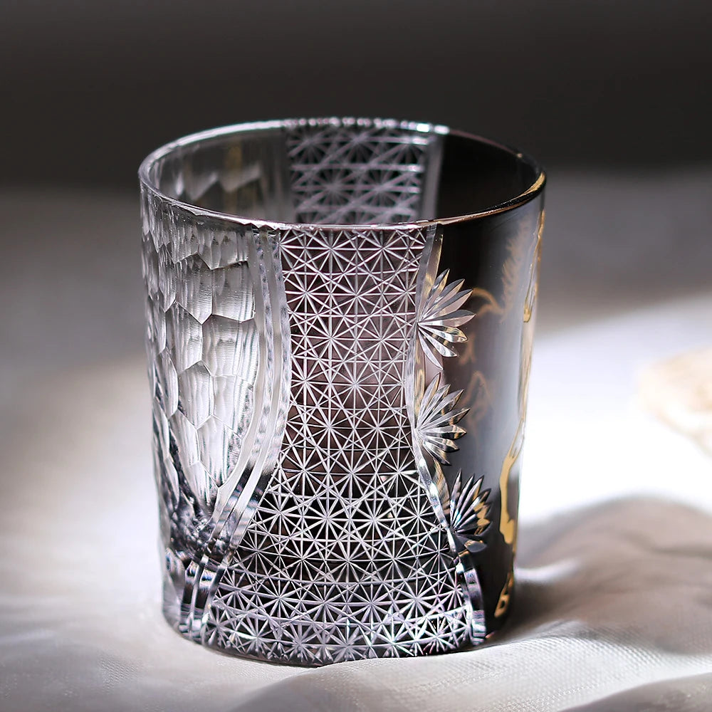 Hand Cut Festive  Edo Kiriko Glass Tumbler by Own Factory, Exquisite Red Cup with Golden Horse Pattern for Celebration