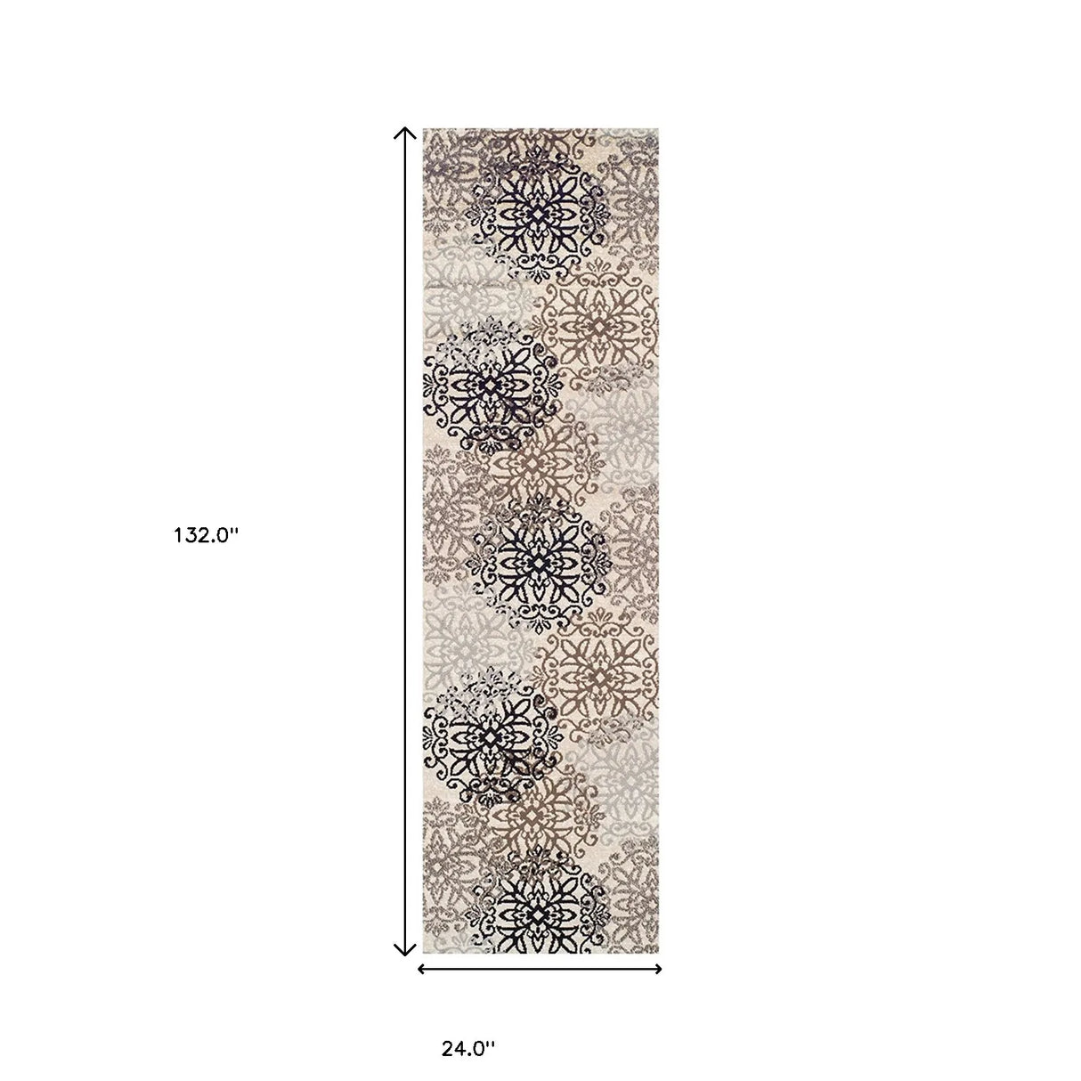 11' Tan Gray and Black Floral Medallion Runner Rug Stain Resistant Product