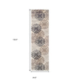 11' Tan Gray and Black Floral Medallion Runner Rug Stain Resistant Product