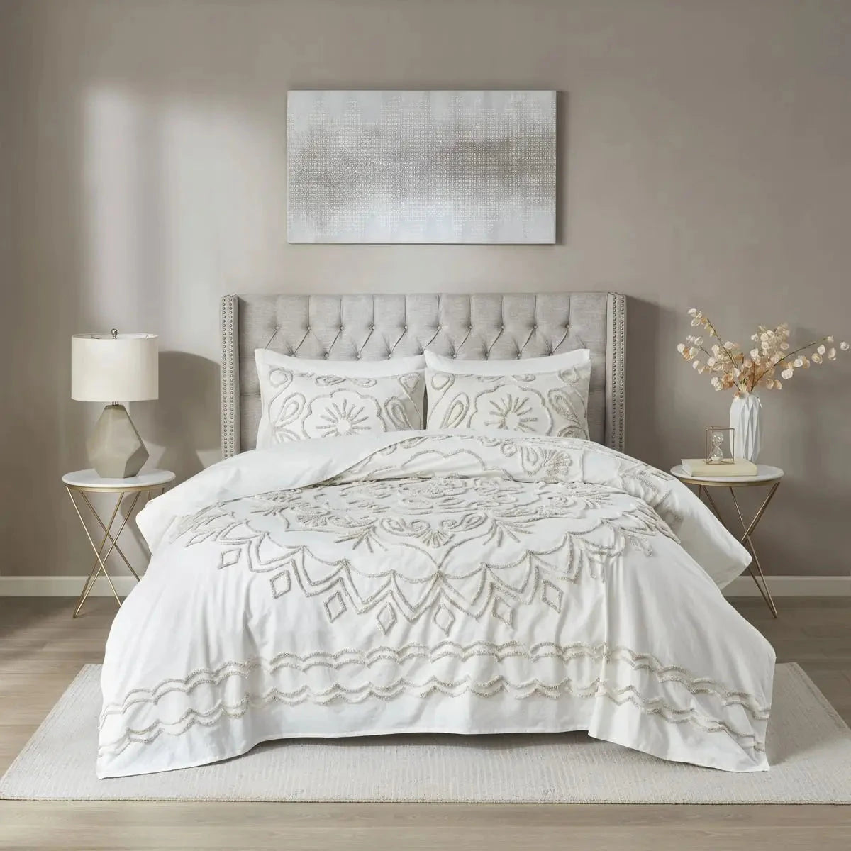 3-Piece Ivory/Taupe Tufted Cotton Chenille Coverlet Set Embroidered Plain Pattern Full/Queen for Weddings for Hotels Julia M LifeStyles
