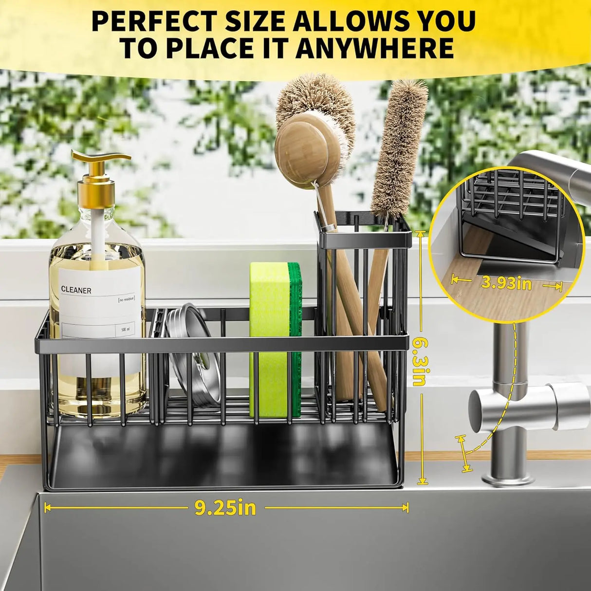Kitchen sink organizer with measuring details on a kitchen counter.