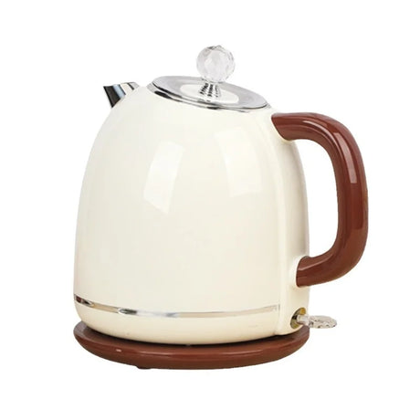 White electric kettle with brown handle and base on a white background