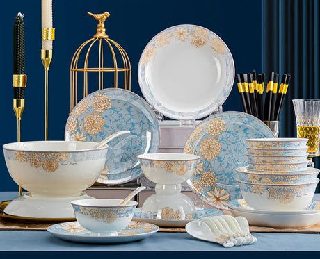 Bone China Dinnerware Set Luxury European Vintage Blue Elegant Wedding Party Dinnerware Set