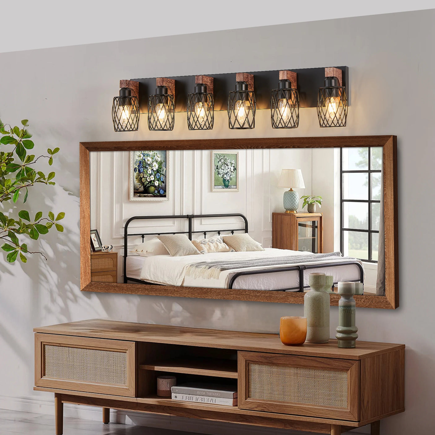 6-Light Wood Bathroom Light Fixtures Over Mirror, Black Industrial Vanity Lights with Metal Shade, Rustic Bathroom Lighting